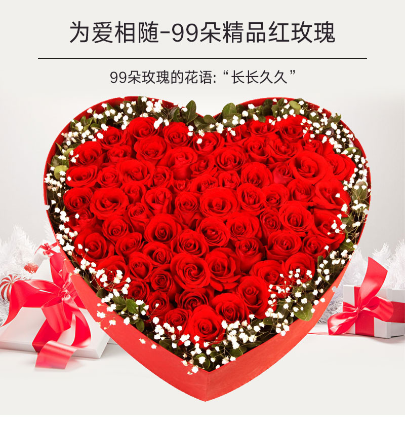 材料: 99支红玫瑰,搭配适量满天星 包装: 红色心形精致礼盒包装 花语